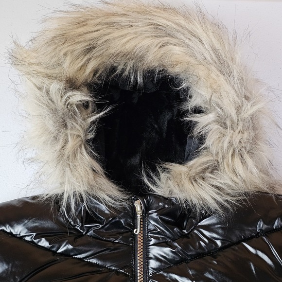 NWT Juicy Couture Kids Puffer Jacket Girls M 10/12 Shiny Black Faux Fur Hooded - Picture 2 of 8